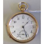 An Omega 9ct gold cased pocket watch, faced by a white enamel Arabic dial, incorporating a