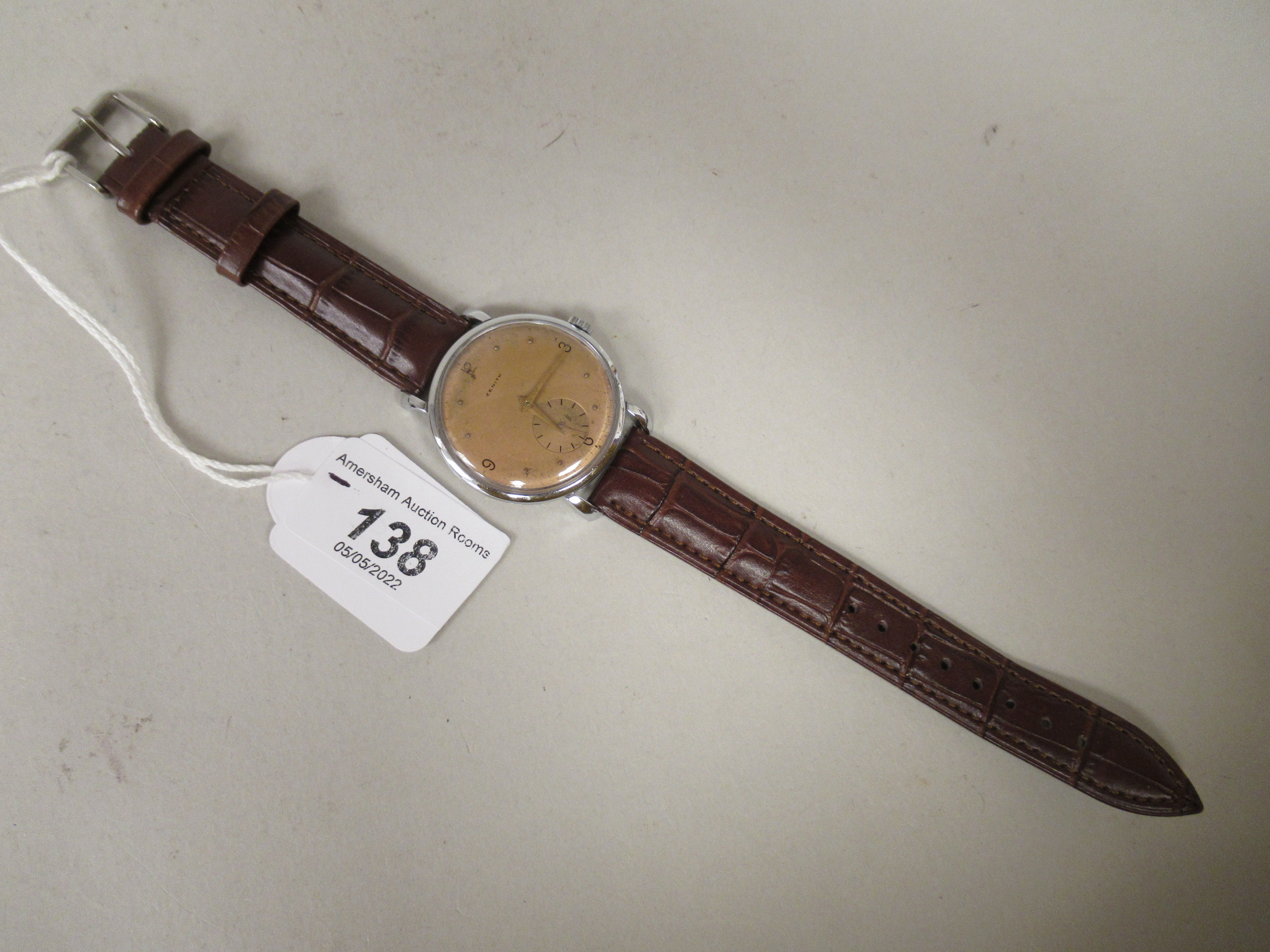 A 1940s Zenith stainless steel cased wristwatch, faced by a bronze effect Arabic and baton dial, - Image 2 of 4