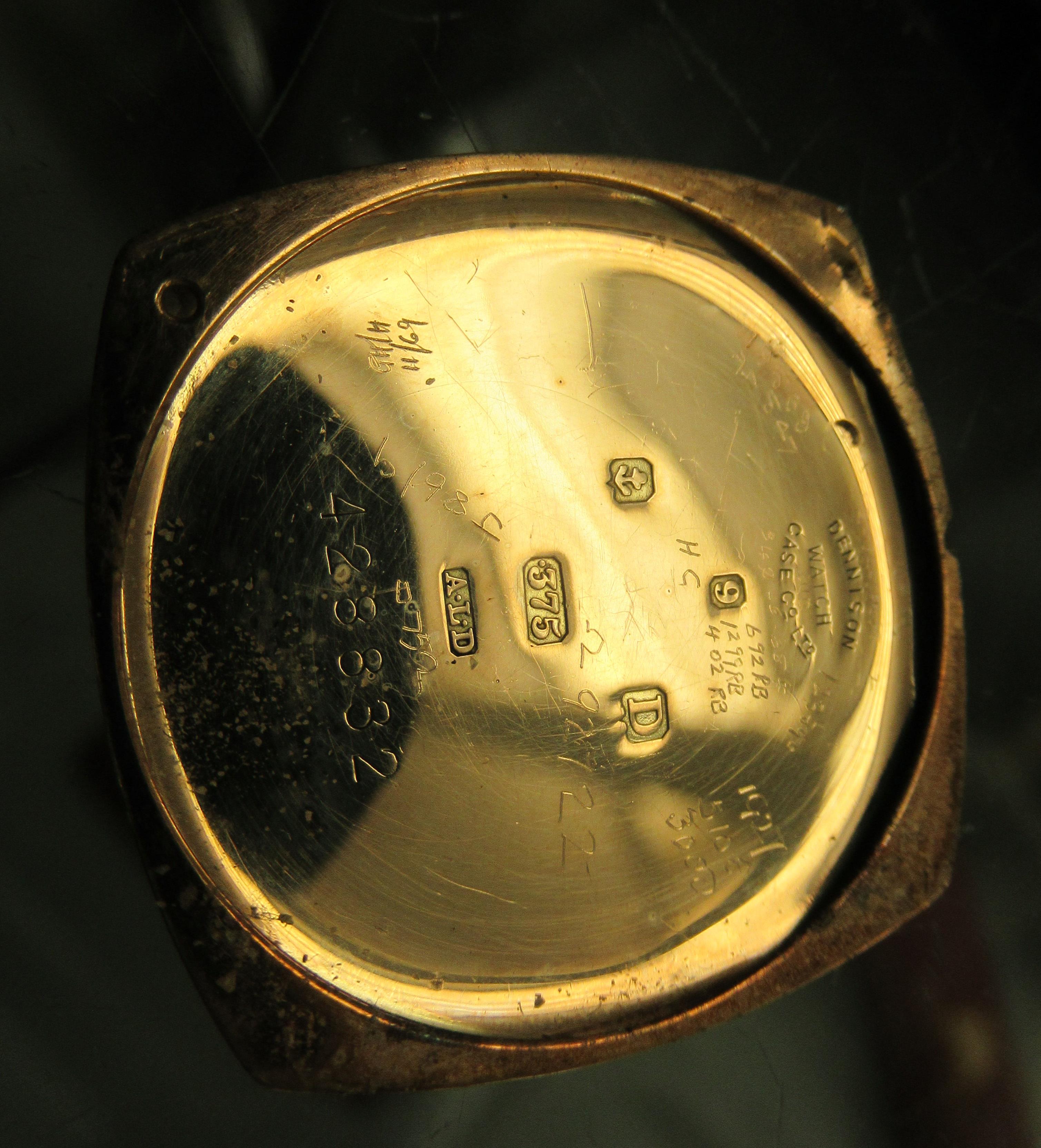 A 1930/40s Omega 9ct gold cushion cased wristwatch, faced by a white enamel Arabic dial, - Image 6 of 6