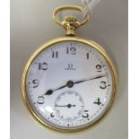 An Omega 18ct gold cased pocket watch, faced by a white enamel Arabic dial, incorporating a