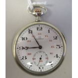 An Omega stainless steel cased, 24 hour pocket watch, faced by a white enamel Arabic dial,