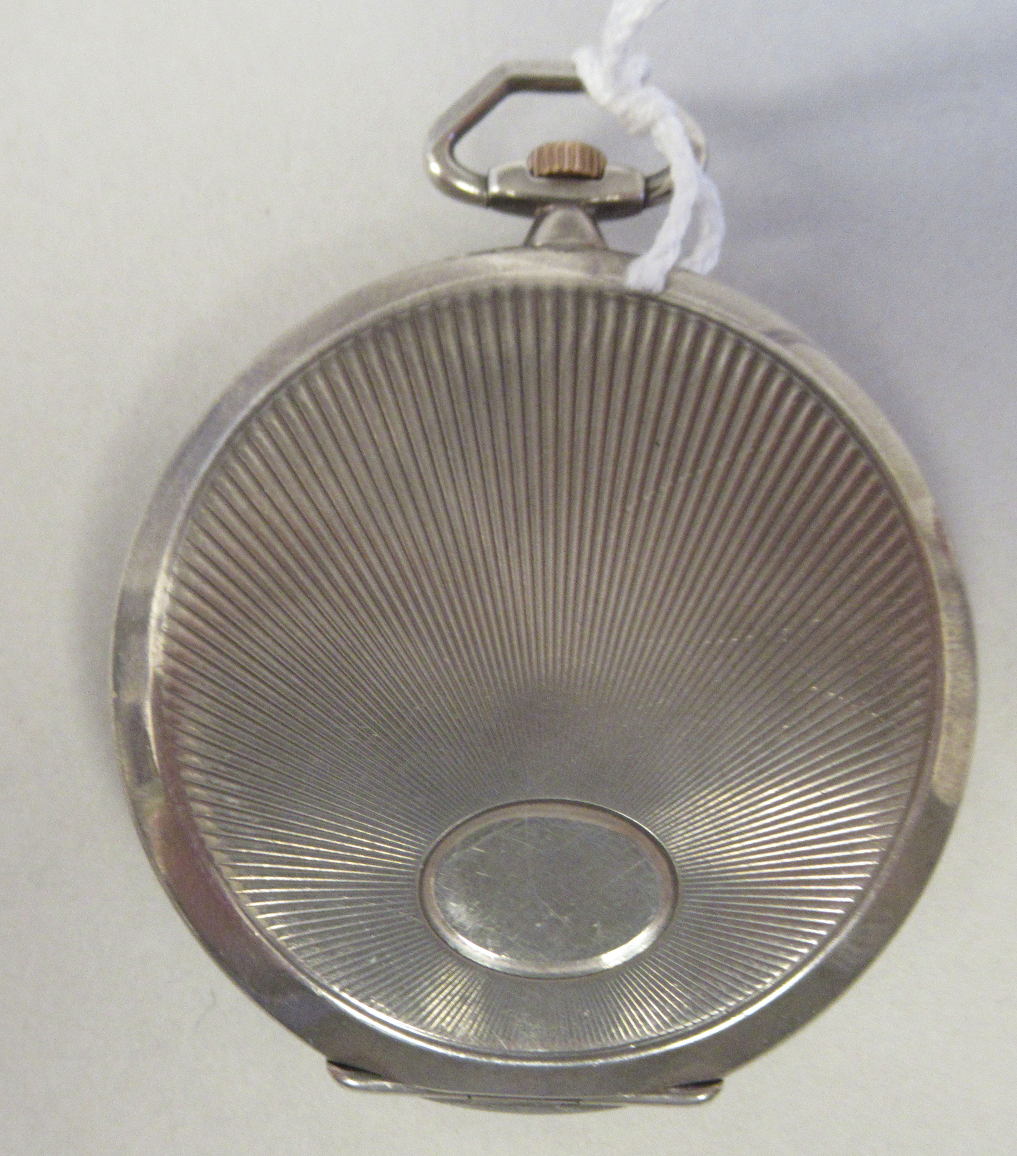 An Omega (900) silver coloured metal, slim cased pocket watch with a radiating engraved back, - Image 2 of 5