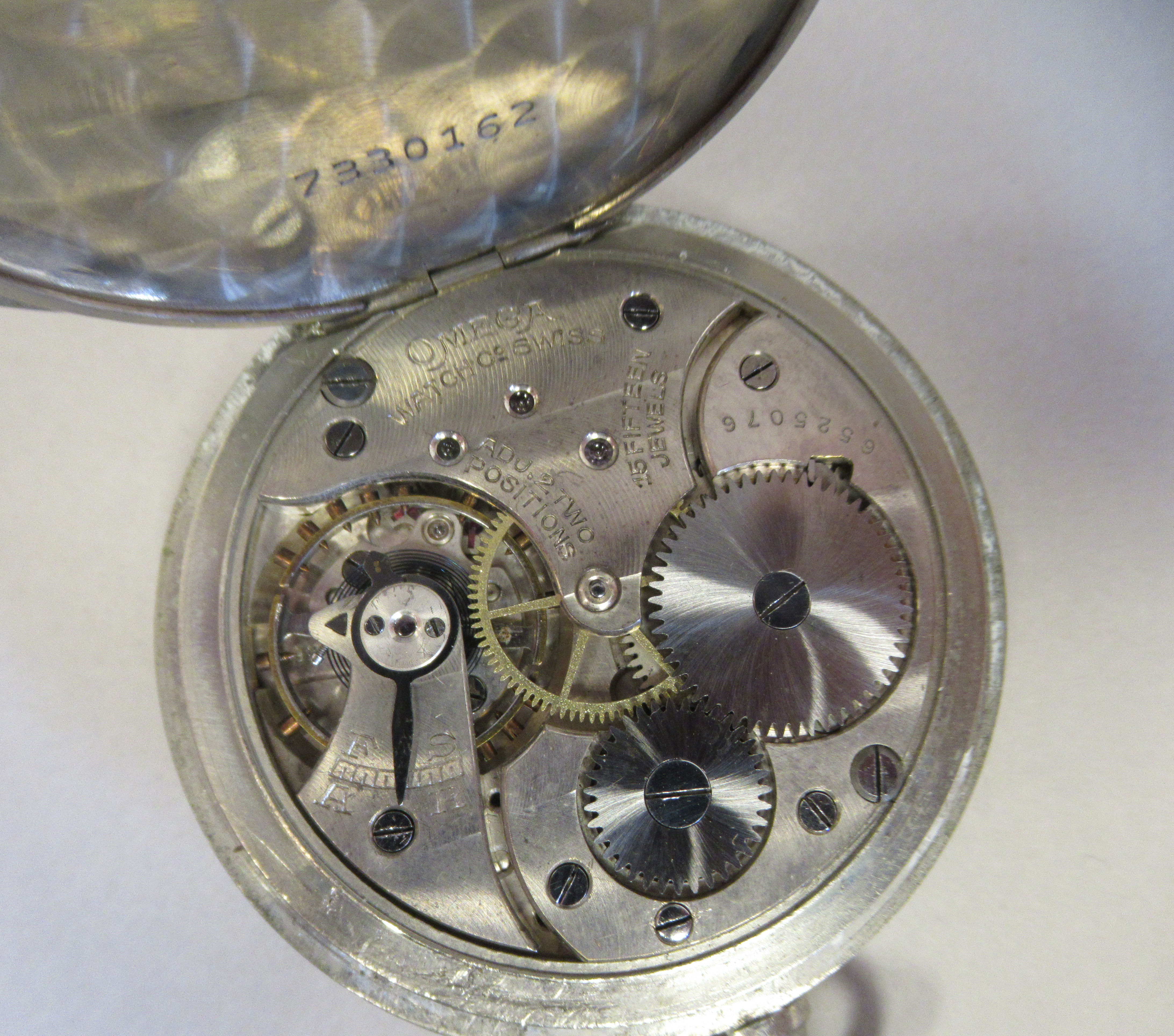 An Omega stainless steel cased pocket watch, faced by a white enamel Arabic dial, incorporating a - Image 3 of 5