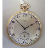 An Omega 9ct gold cased pocket watch, faced by a silvered Arabic dial, incorporating a subsidiary