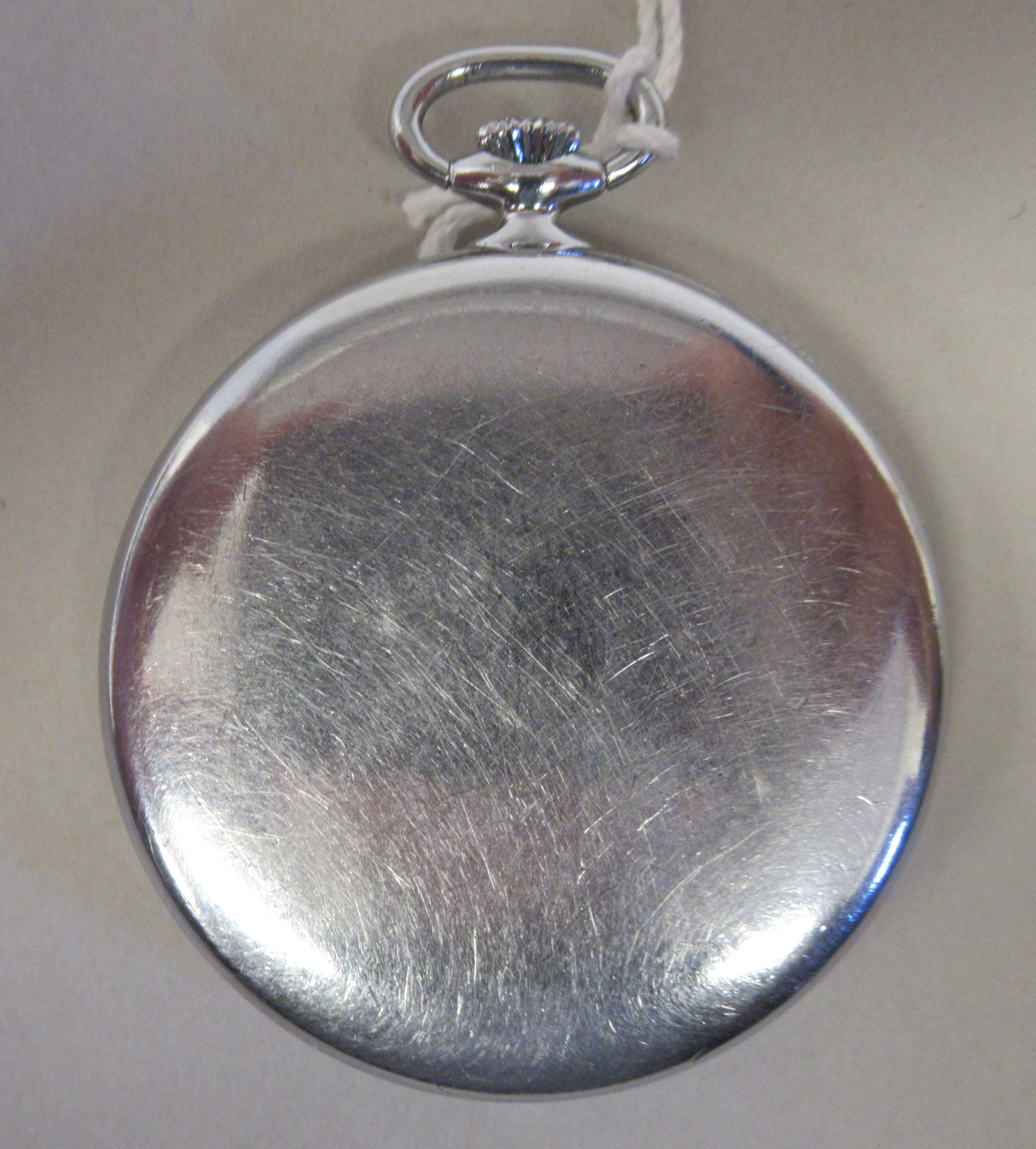 An Omega stainless steel slim cased pocket watch, faced by a white enamel Arabic dial, incorporating - Image 2 of 3