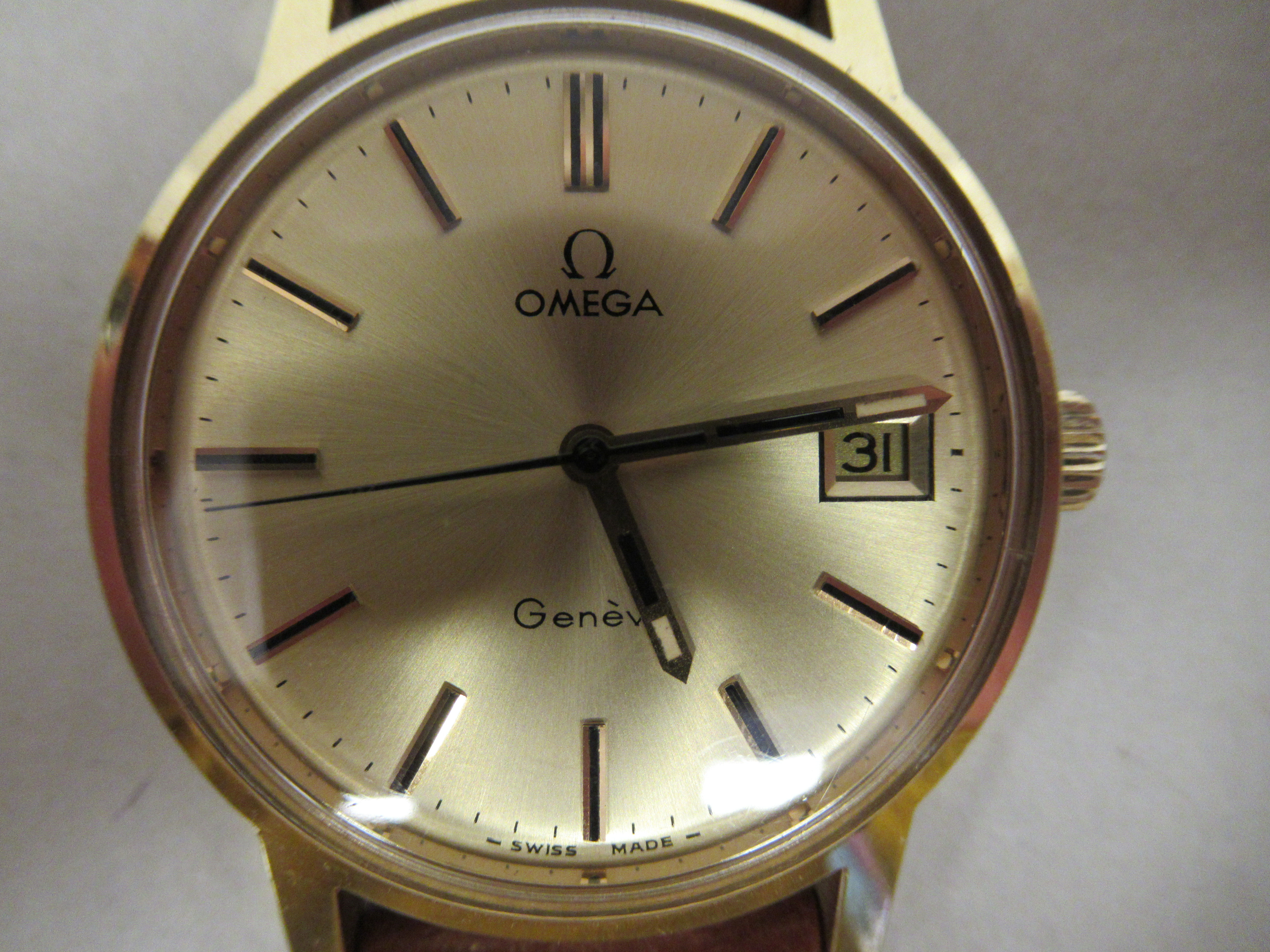 A 1975 Omega gold plated/stainless steel cased wristwatch, the movement with sweeping seconds, faced