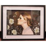 A 20thC head and shoulders profile portrait, a young woman with a butterfly and flowers  mixed media