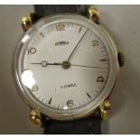 A 1940s Roamer 18ct gold cased wristwatch, the 17 jewel movement faced by an Arabic and baton