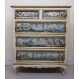 An early 20thC Italian painted and gilded chest, comprising two short/three graduated long