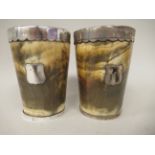 Two similar 19thC rough-cut horn beakers with silver plated footrims and collar mounts