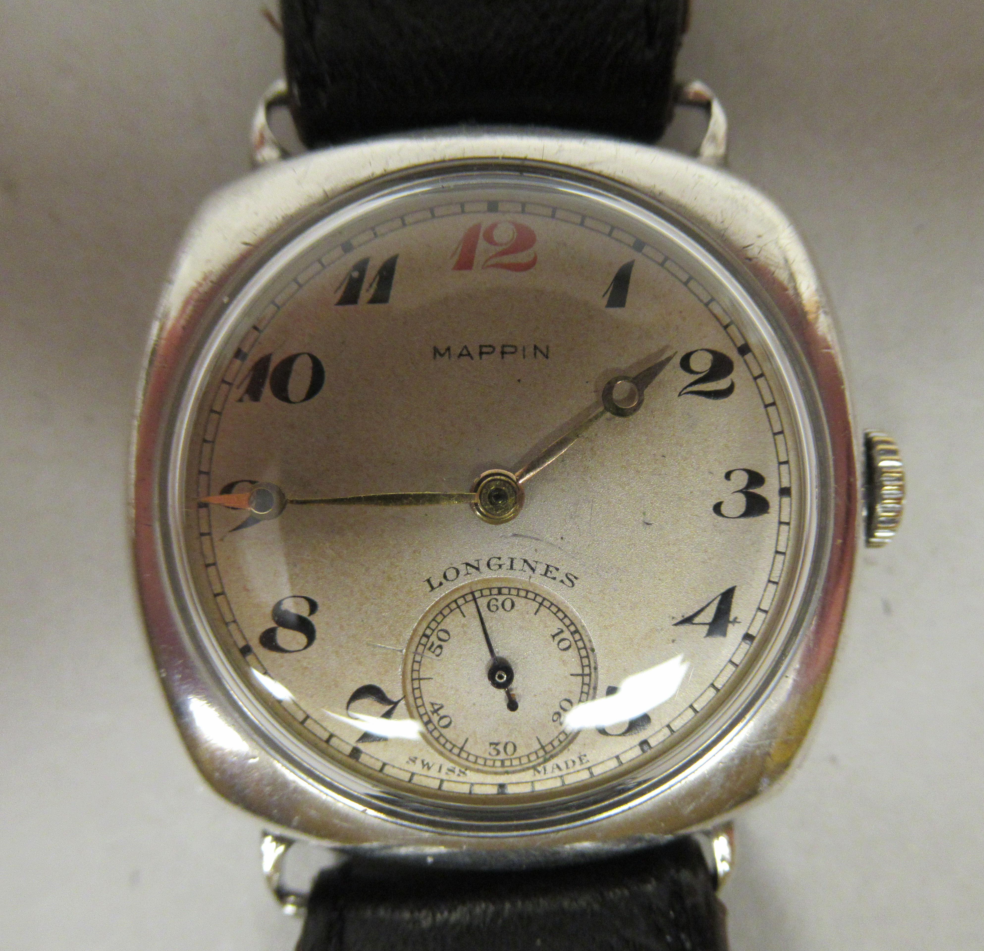 A 1920/30s Longines (retailed by Mappin) silver cased wristwatch, faced by an Arabic dial,