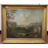 19thC Continental School - a semi-rural landscape with figures and livestock beside a cottage with