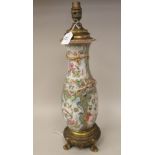 An early 20thC Canton porcelain and gilt metal mounted, ovoid vase design table lamp,