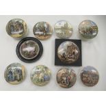 Ten Prattware pot lids: to include 'The Cavalier'  4.25"dia; and 'Thames Embankment'  4"dia