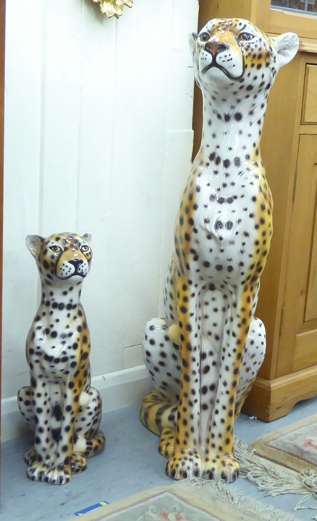 Two modern Italian china models, seated cheetahs  33" & 18"h