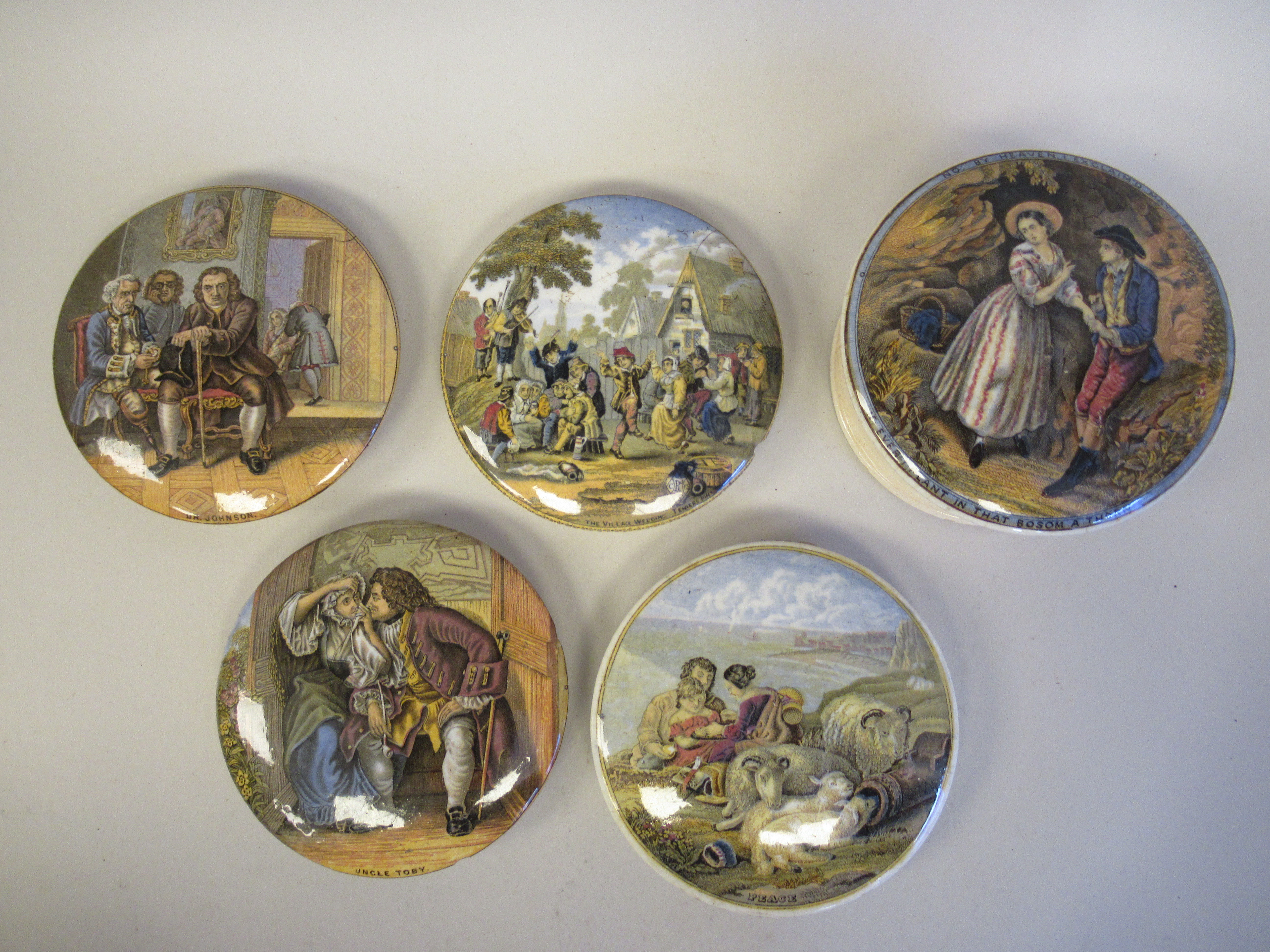 Eight Prattware pot lids: to include 'Peace'  4.25"dia; and 'Uncle Toby'  4"dia - Image 2 of 4
