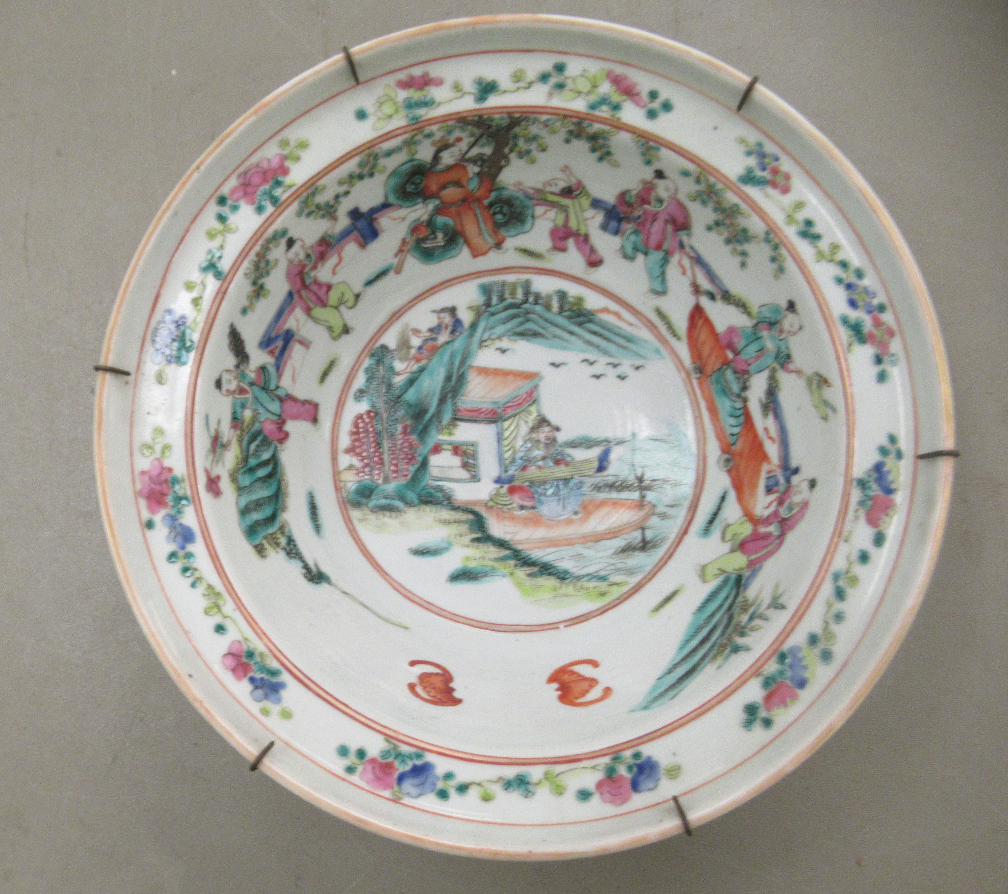 A 19thC Chinese porcelain bowl, having an upstand rim, decorated in recreational figures, bat motifs - Image 2 of 3