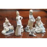 Five Lladro and one Nao porcelain figures: to include children playing with animals  6"h