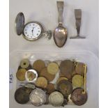 Coins, medallions and small collectables: to include a feeder and spoon; a darts pendant; and a