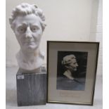 A marble bust of a woman, on a plinth  23"h overall with an accompanying photograph of the bust,