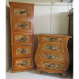 A modern fruitwood five drawer pedestal chest, on a plinth  42"h  15"w; and a matching four drawer