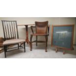 Four items of early 20thC furniture: to inlcude a 1920s stained oak open arm desk chair, the inset