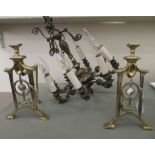 Metalware: to include a mid 20thC gilt metal eight branch chandelier with candle effect sconces