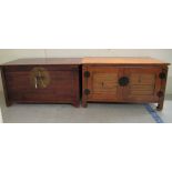 A modern stained pine chest with a pair of doors, raised on block feet  21"h  36"w; and a modern