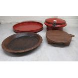 A mixed lot: to include a rustically carved trivet; a shallow bowl  14"dia; a red lacquered tray
