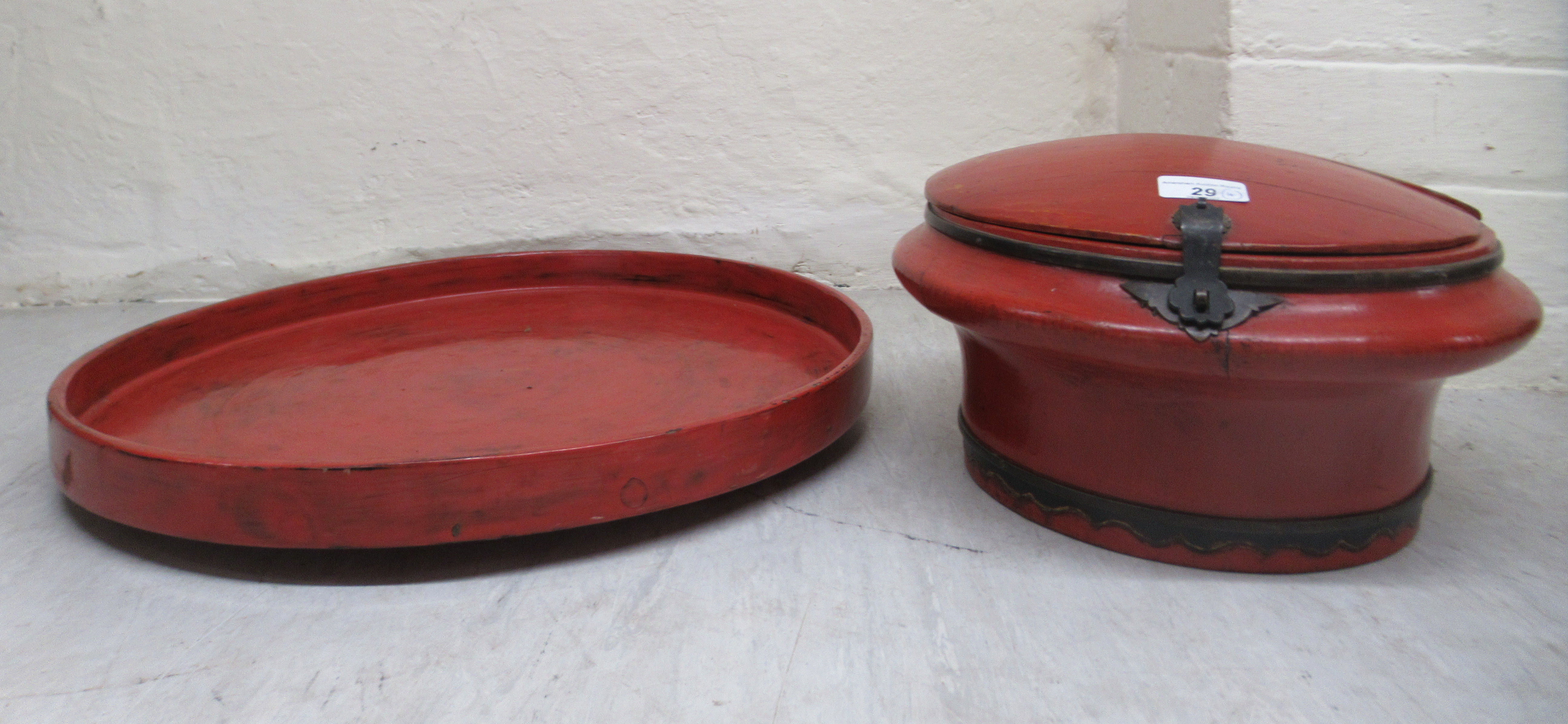 A mixed lot: to include a rustically carved trivet; a shallow bowl  14"dia; a red lacquered tray - Image 2 of 3