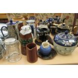 Decorative ceramics and glassware: to include two tone glazed pottery jugs; streaky glazed vases
