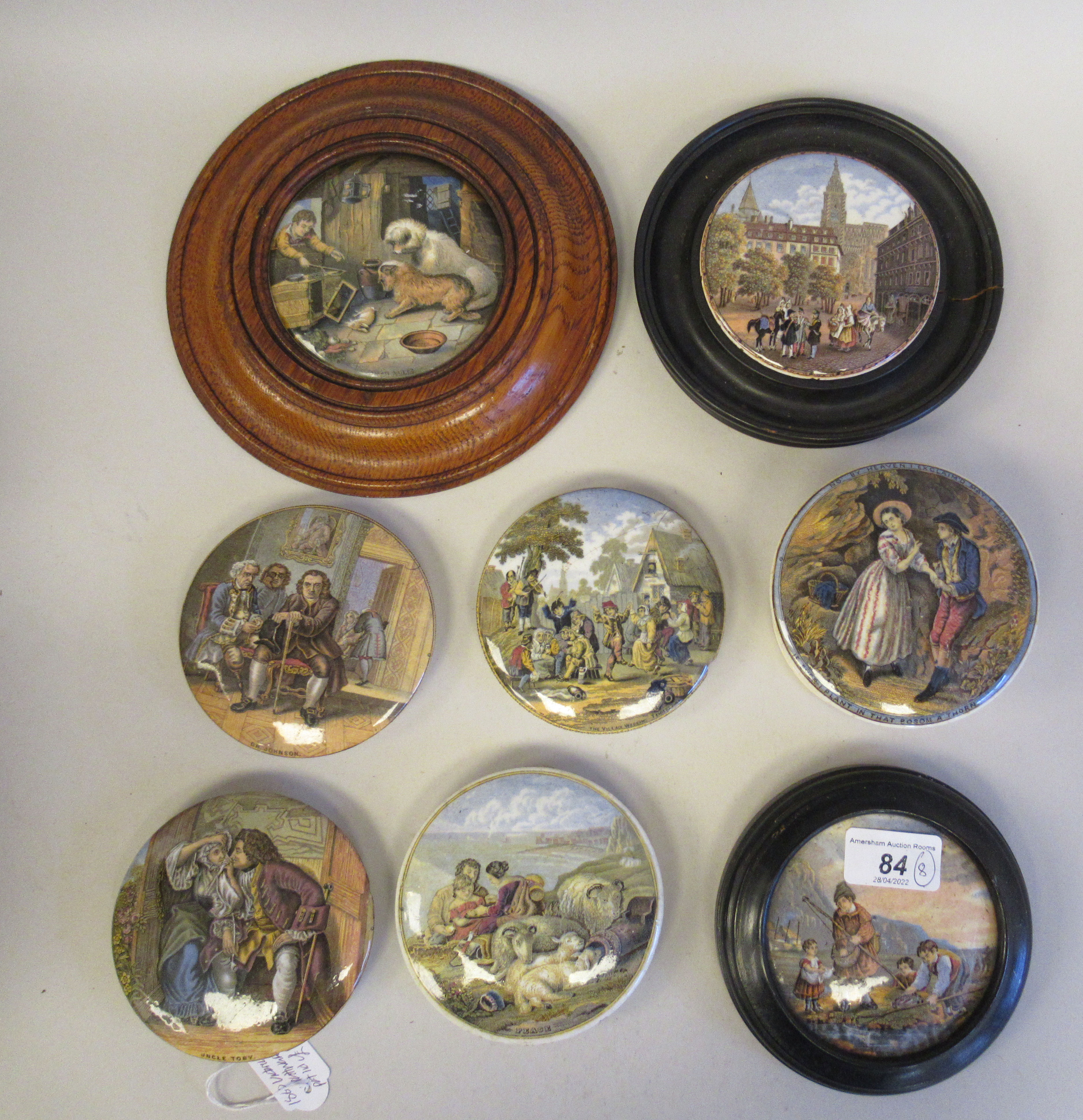 Eight Prattware pot lids: to include 'Peace'  4.25"dia; and 'Uncle Toby'  4"dia