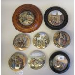 Eight Prattware pot lids: to include 'Peace'  4.25"dia; and 'Uncle Toby'  4"dia