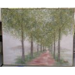 Modern British School - a woodland path  oil on canvas  bears an indistinct signature  60" x 48"