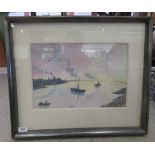 Selmas Heim - ships in a harbour  mixed media  bears an initial & label verso  10" x 15"  framed