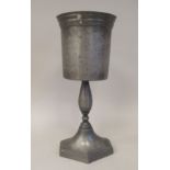 A late 18thC style pewter challis, on a turned pedestal foot  10.5"h