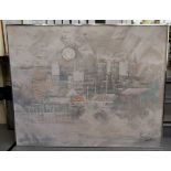 L Reynolds - a street view from a cafe  oil on canvas  bears a signature  60" x 48"  framed