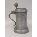 An early 19thC German pewter tankard, engraved with text, figures and dated 1800  9"h