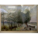 Late 19thC British School - two figures on a path by a river bank  pastel  11" x 16"  framed