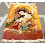 A pictorial Persian rug, depicting a beauty in a landscape and a sunset beyond, on a multi-