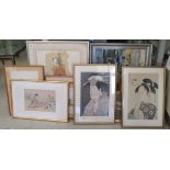 Eight framed pictures and prints: to include John Heuw - a clown  coloured print  bears a pencil