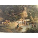 Attributed to D Teniers the Younger - a landscape with figures driving livestock at the edge of a