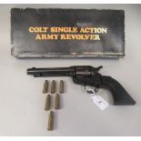 A replica TRC 1970s Colt 45 SA army revolver with six dummy rounds  cased