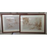 Two Russell Flint monochrome prints  bearing pencil signatures  11" x 16"  framed
