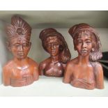 Three Balinese fruitwood bust carvings  largest 9"h
