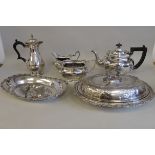 Silver plated tableware: to include a three piece tea set; and an oval bread basket  12"w