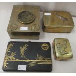 Oriental metal boxes: to include a Japanese brass example, decorated in relief with a bird  3.75"w