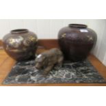 Oriental metalware: to include a cast and patinated metal model, a brown bear  4"h