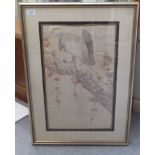 A Japanese silk tapestry picture, featuring a bird of prey  21" x 13"  framed