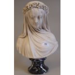 After Giovanni Strazza, a modern marble effect bust, 'The Veiled Virgin' on a marble plinth  14.5"h